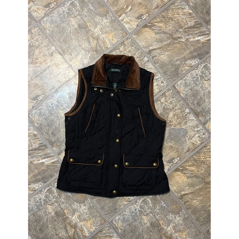 Lauren Ralph Lauren Quilted Vest Women Small Black Corduroy Trim